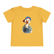 Silly goose in a blue cap and dungarees, printed on a heather yellow gold toddler shirt