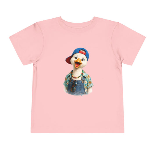 Silly goose in a blue cap and dungarees, printed on a pink toddler shirt