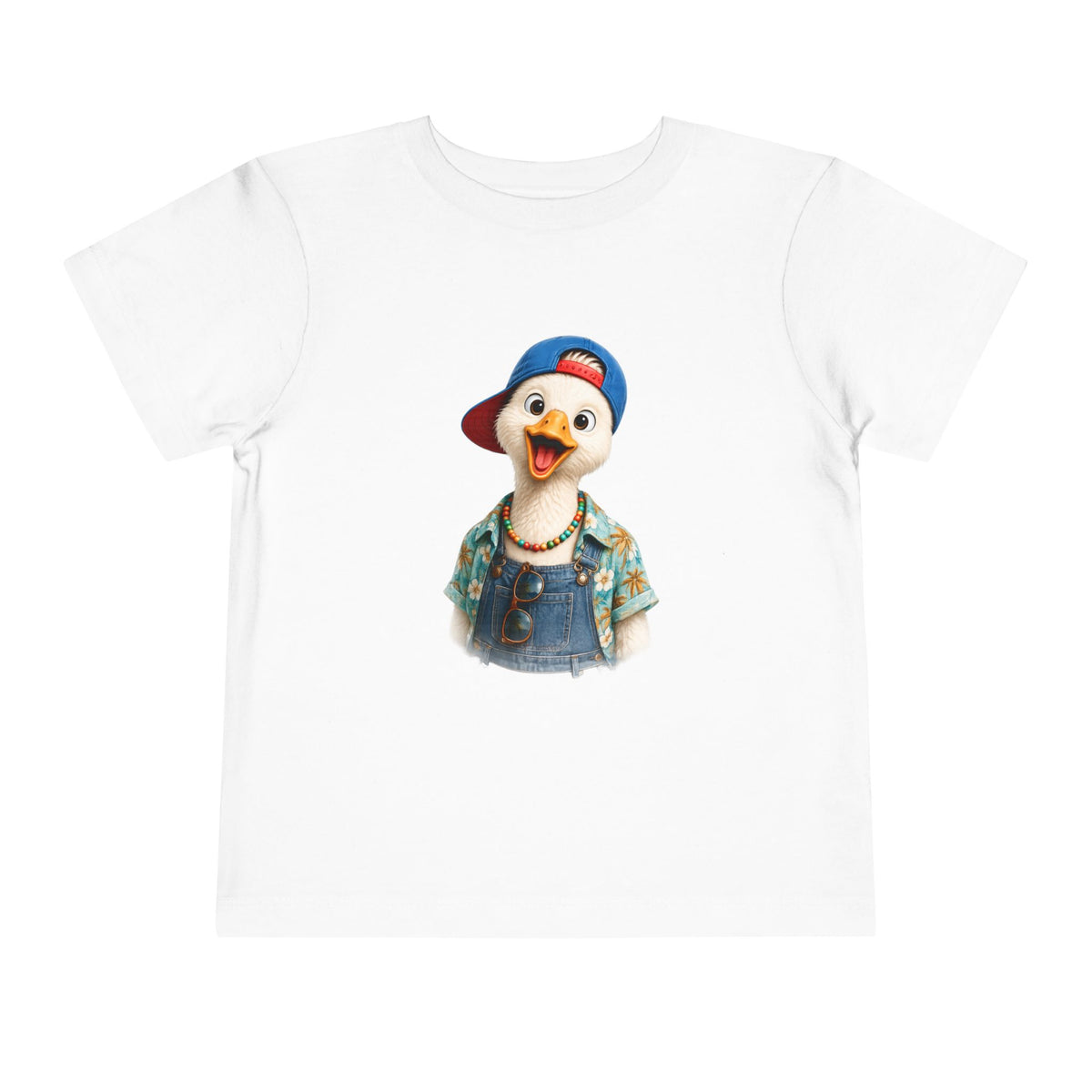Silly goose in a blue cap and dungarees, printed on a white toddler shirt