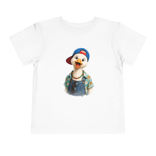 Silly goose in a blue cap and dungarees, printed on a white toddler shirt