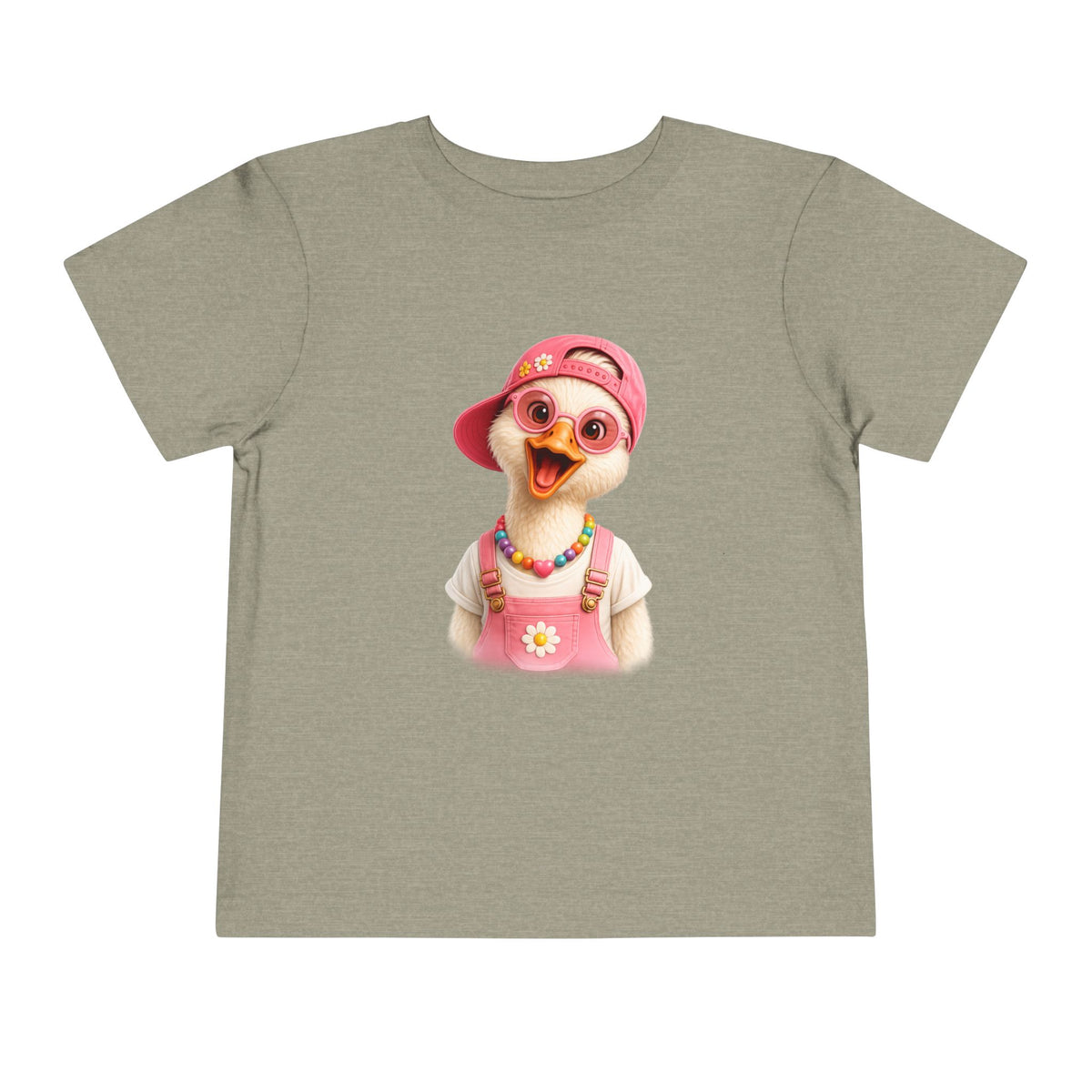 Silly goose in a pink cap and sunglasses, printed on a heather stone toddler shirt