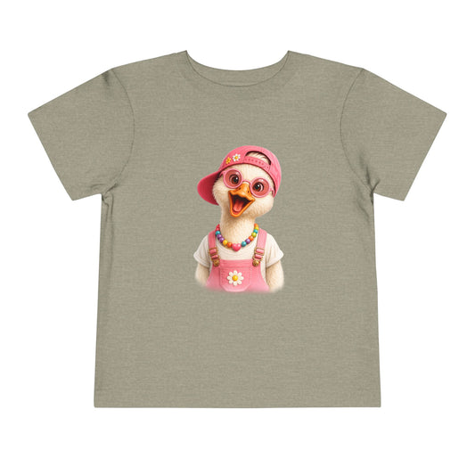 Silly goose in a pink cap and sunglasses, printed on a heather stone toddler shirt