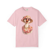 Silly goose in a flowered sun hat, sunglasses and pearls, printed on a blossom pink women's shirt