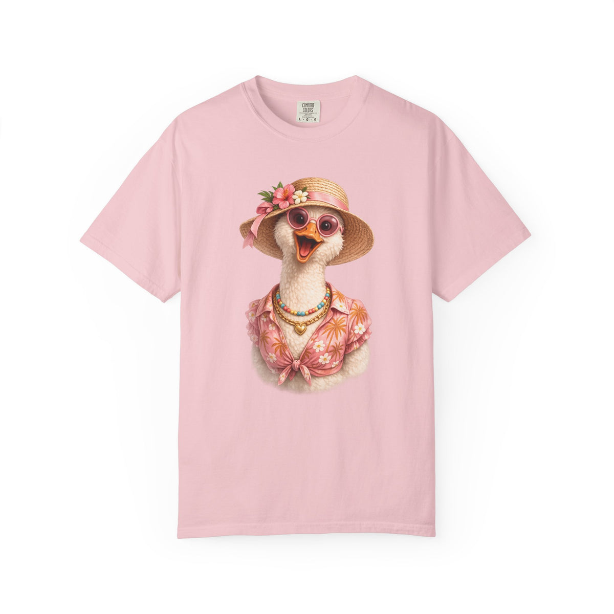 Silly goose in a flowered sun hat, sunglasses and pearls, printed on a blossom pink women's shirt