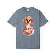 Silly goose in a flowered sun hat, sunglasses and pearls, printed on a blue jean women's shirt