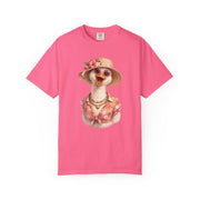 Silly goose in a flowered sun hat, sunglasses and pearls, printed on a crunchberry pink women's shirt
