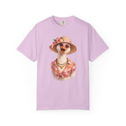 Silly goose in a flowered sun hat, sunglasses and pearls, printed on an orchid purple women's shirt