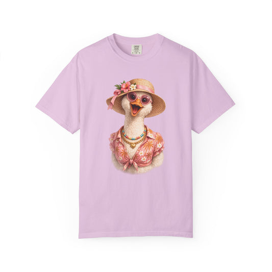 Silly goose in a flowered sun hat, sunglasses and pearls, printed on an orchid purple women's shirt