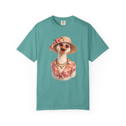 Silly goose in a flowered sun hat, sunglasses and pearls, printed on a seafoam women's shirt