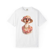 Silly goose in a flowered sun hat, sunglasses and pearls, printed on a white women's shirt