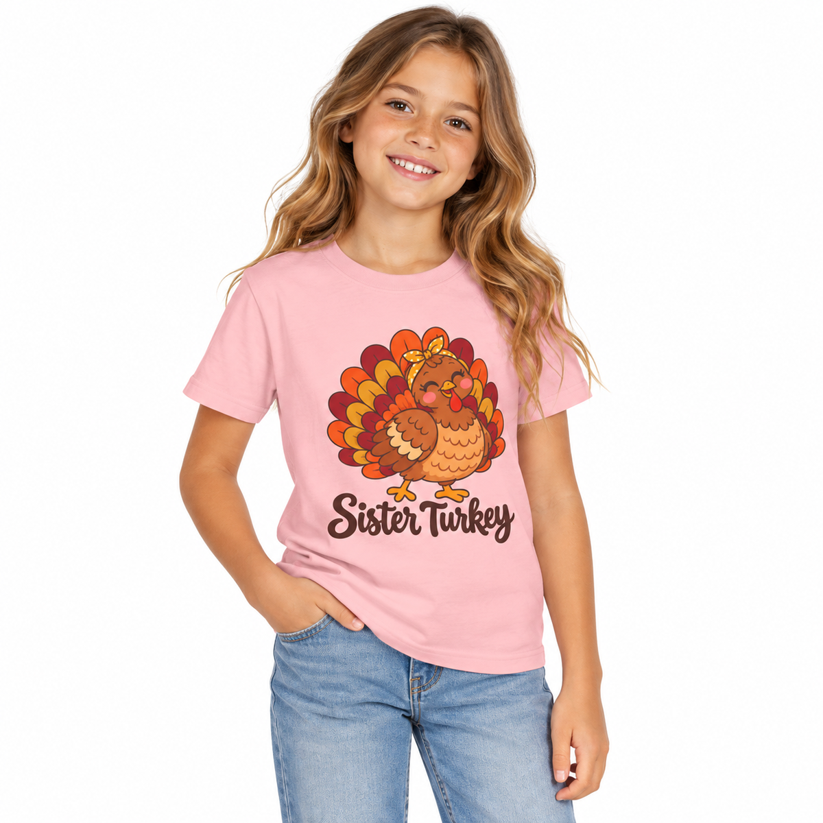 Girl wearing the Sister Turkey matching Thanksgiving shirt