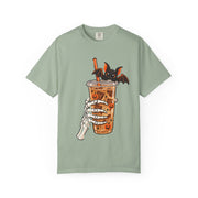 Skeleton Coffee Halloween design on a bay green women's shirt