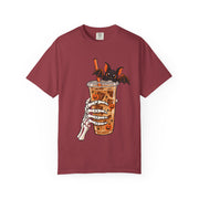 Skeleton Coffee Halloween design on a chili red women's shirt