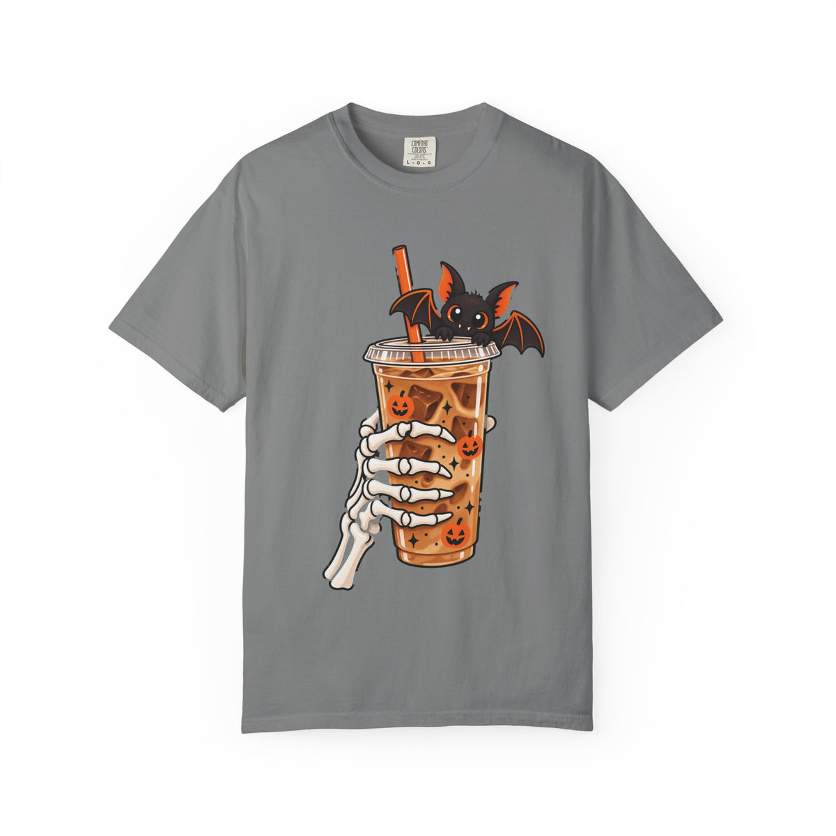 Skeleton Coffee Halloween design on a grey women's shirt