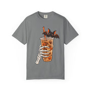 Skeleton Coffee Halloween design on a grey women's shirt