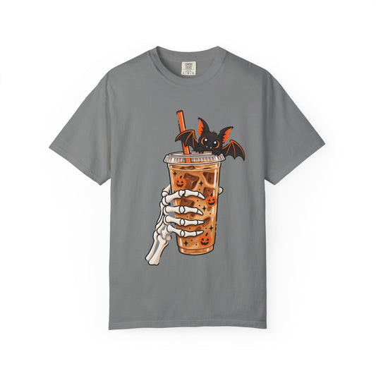 Skeleton Coffee Halloween design on a grey women's shirt