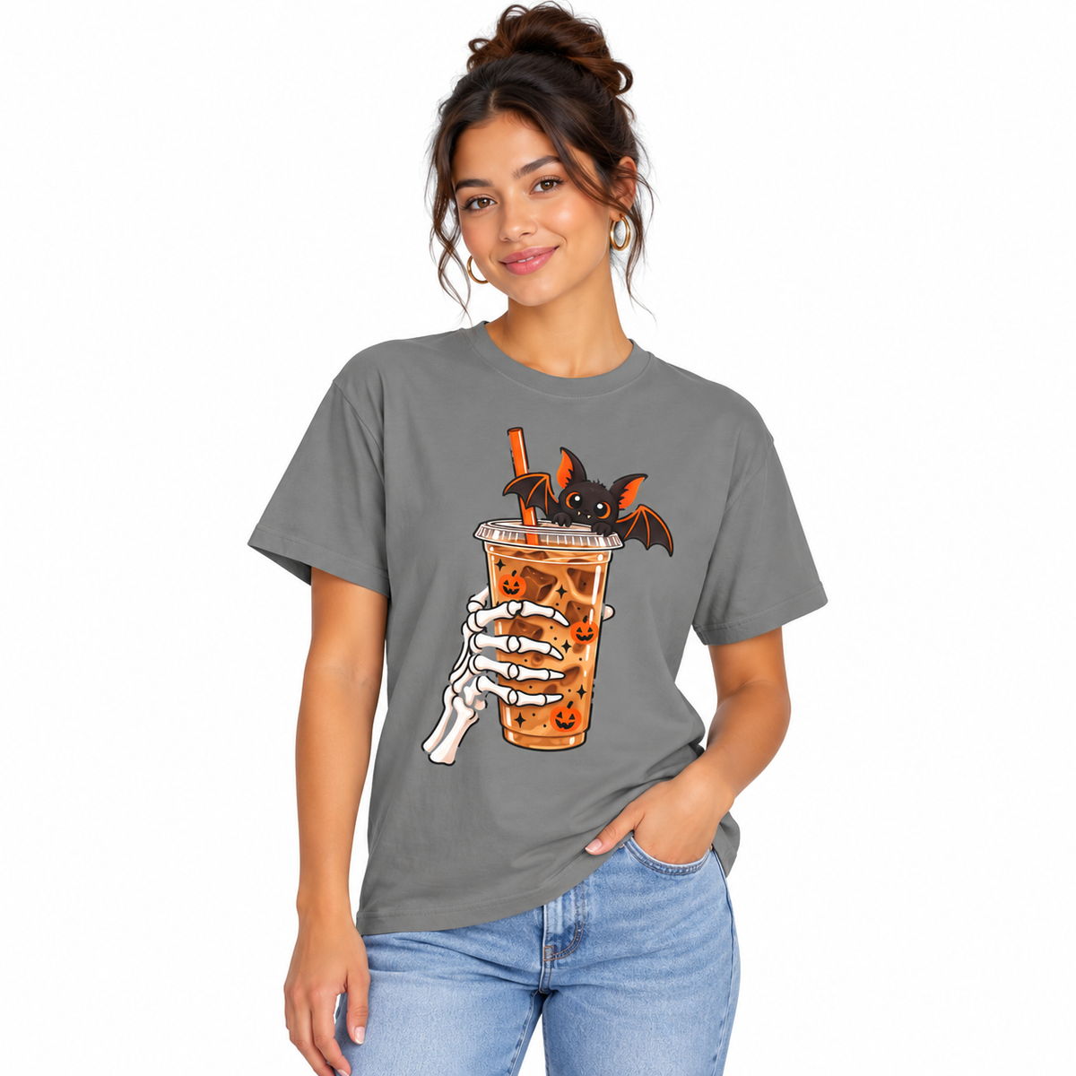 Skeleton Coffee Halloween shirt for women, worn