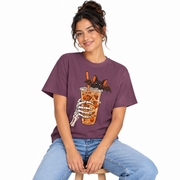Skeleton Coffee Halloween shirt for women, worn