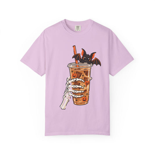 Skeleton Coffee Halloween design on an orchid women's shirt