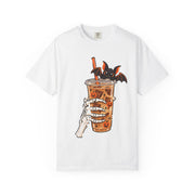 Skeleton Coffee Halloween design on a white women's shirt