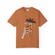 Skeleton Coffee Halloween design on a yam orange women's shirt
