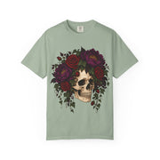 Skull Rose Crown Halloween design on a bay green women's shirt