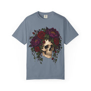 Skull Rose Crown Halloween design on a blue jean women's shirt