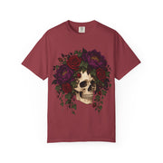 Skull Rose Crown Halloween design on a chili red women's shirt