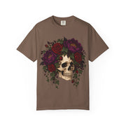Skull Rose Crown Halloween design on an espresso brown women's shirt