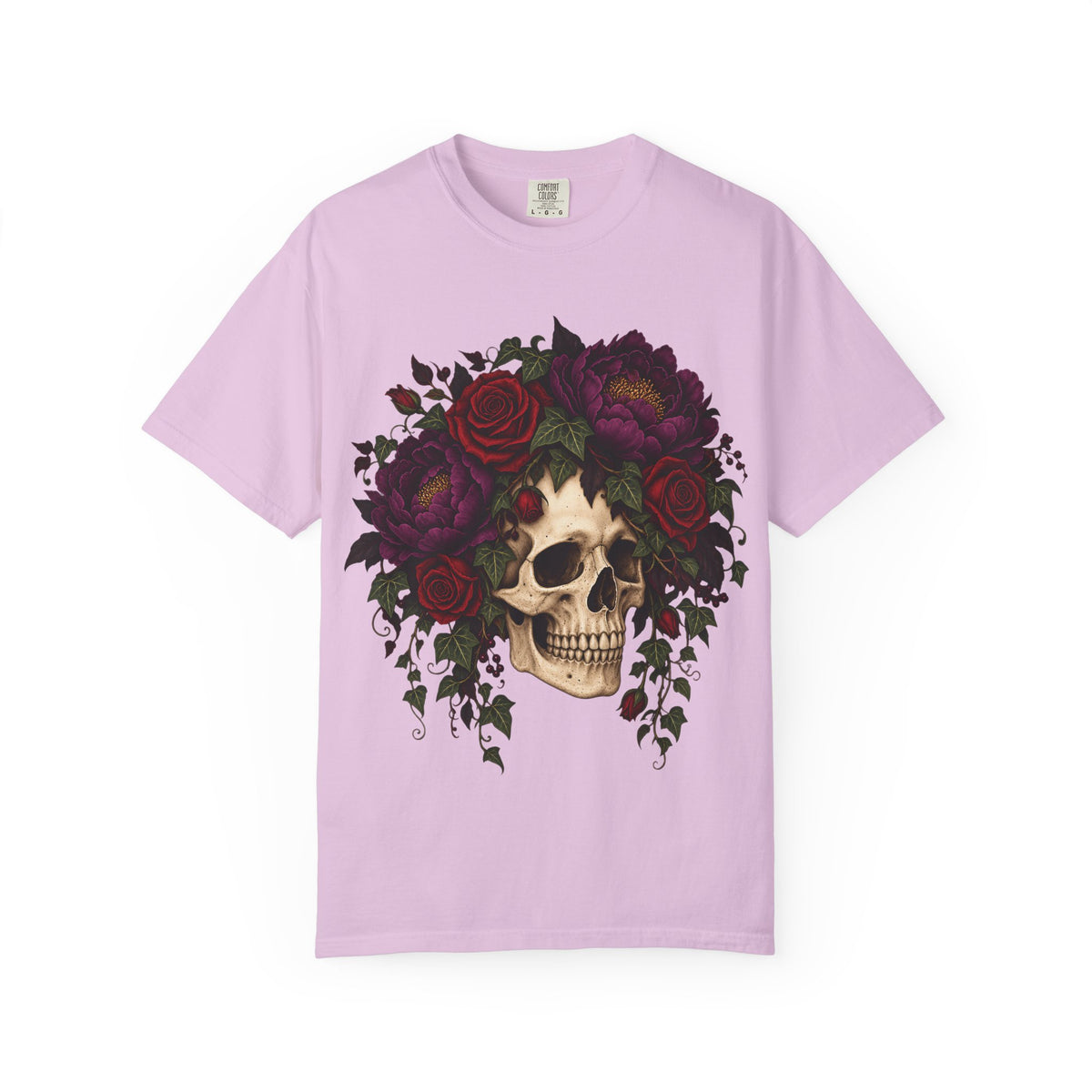Skull Rose Crown Halloween design on an orchid women's shirt