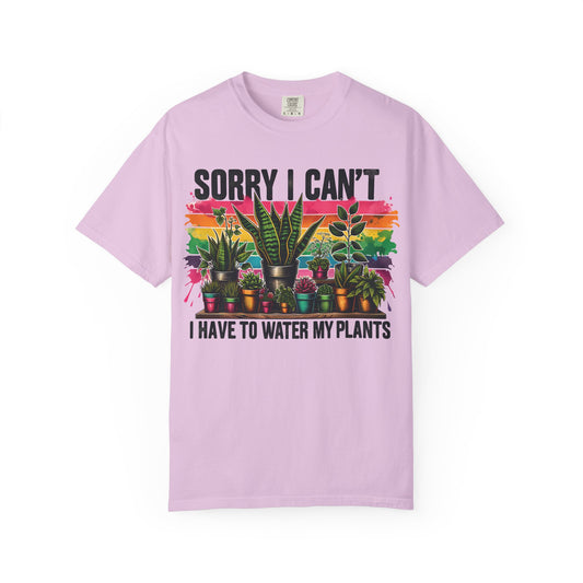 Rainbow plant shelf with Sorry I Can't I Have To Water My Plants, on an orchid shirt