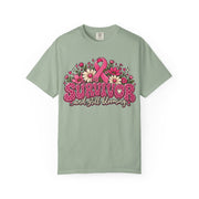 Survivor And Still Blooming breast cancer awareness design on a bay green women's shirt