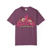 Survivor And Still Blooming breast cancer awareness design on a berry women's shirt