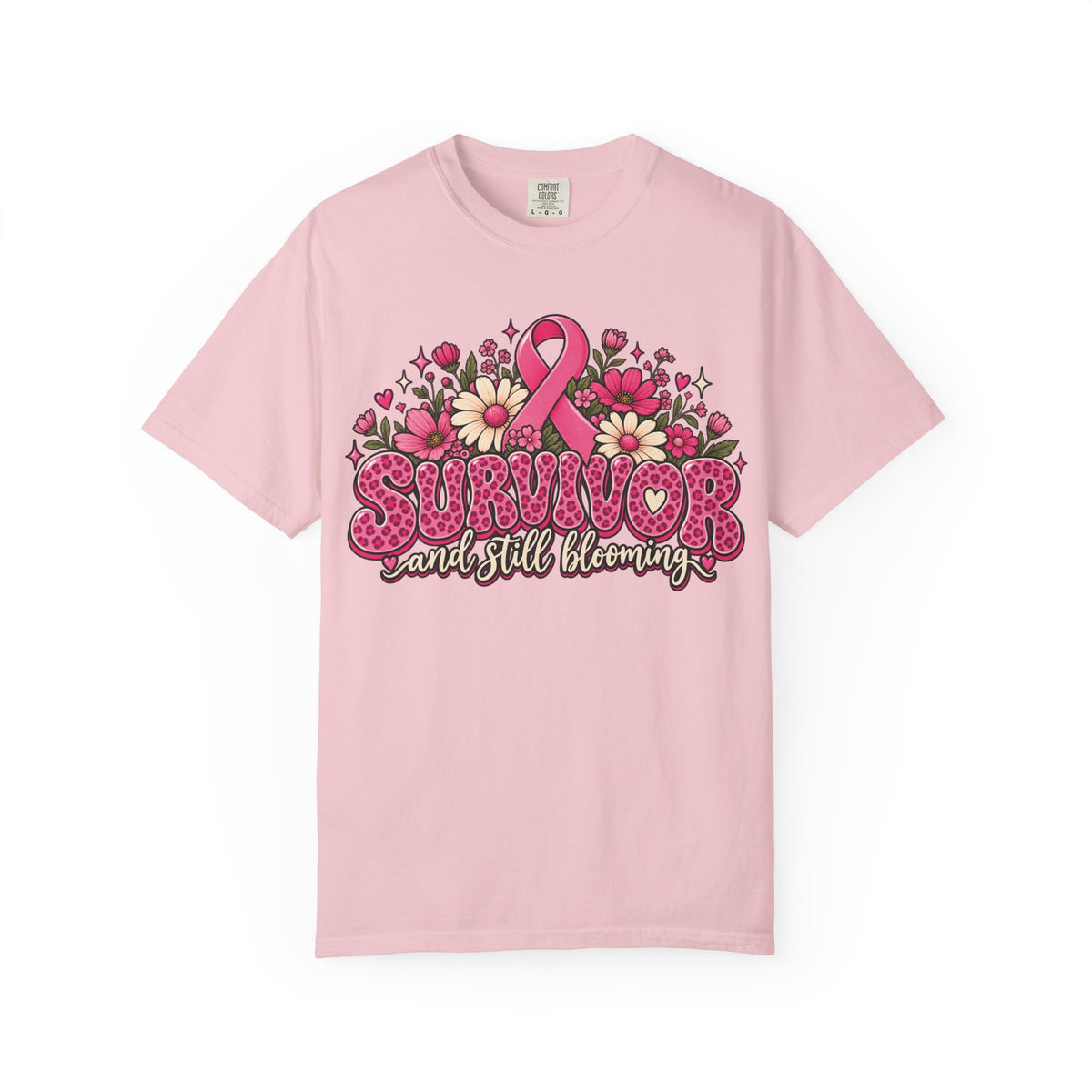 Survivor And Still Blooming breast cancer awareness design on a blossom pink women's shirt