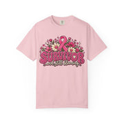 Survivor And Still Blooming breast cancer awareness design on a blossom pink women's shirt