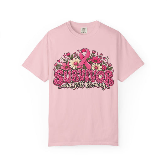 Survivor And Still Blooming breast cancer awareness design on a blossom pink women's shirt