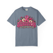 Survivor And Still Blooming breast cancer awareness design on a blue jean women's shirt