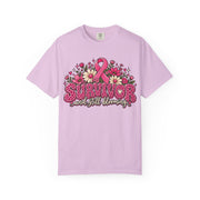 Survivor And Still Blooming breast cancer awareness design on an orchid women's shirt