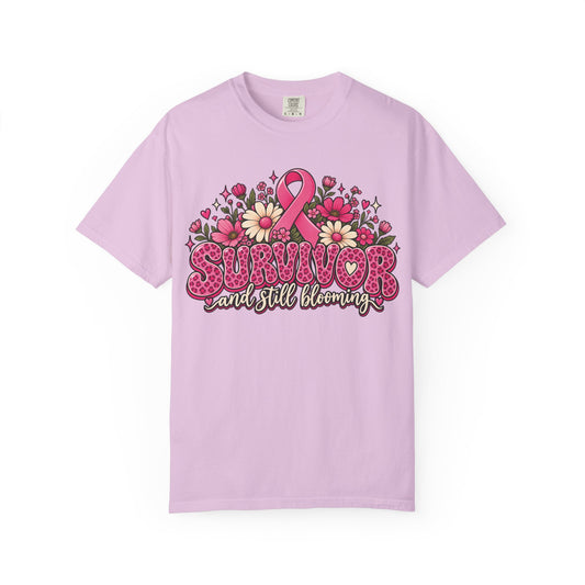 Survivor And Still Blooming breast cancer awareness design on an orchid women's shirt