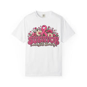 Survivor And Still Blooming breast cancer awareness design on a white women's shirt