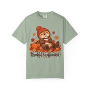 Thankful And Caffeinated otter Thanksgiving design on a bay green women's shirt
