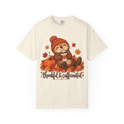 Thankful And Caffeinated otter Thanksgiving design on an ivory women's shirt