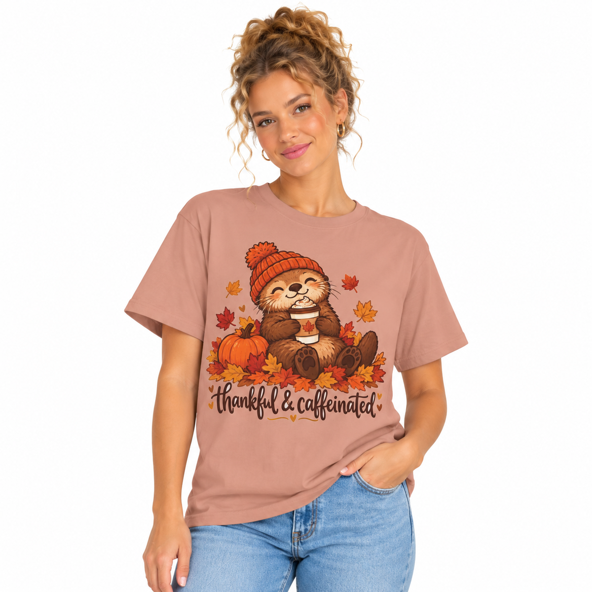 Woman wearing the Thankful And Caffeinated otter Thanksgiving shirt