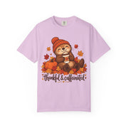 Thankful And Caffeinated otter Thanksgiving design on an orchid women's shirt