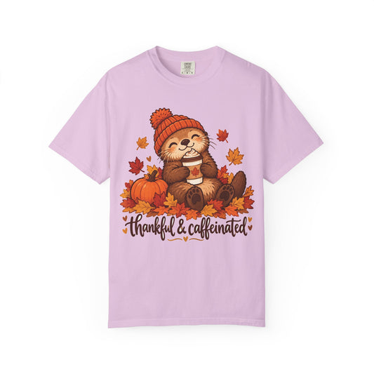 Thankful And Caffeinated otter Thanksgiving design on an orchid women's shirt