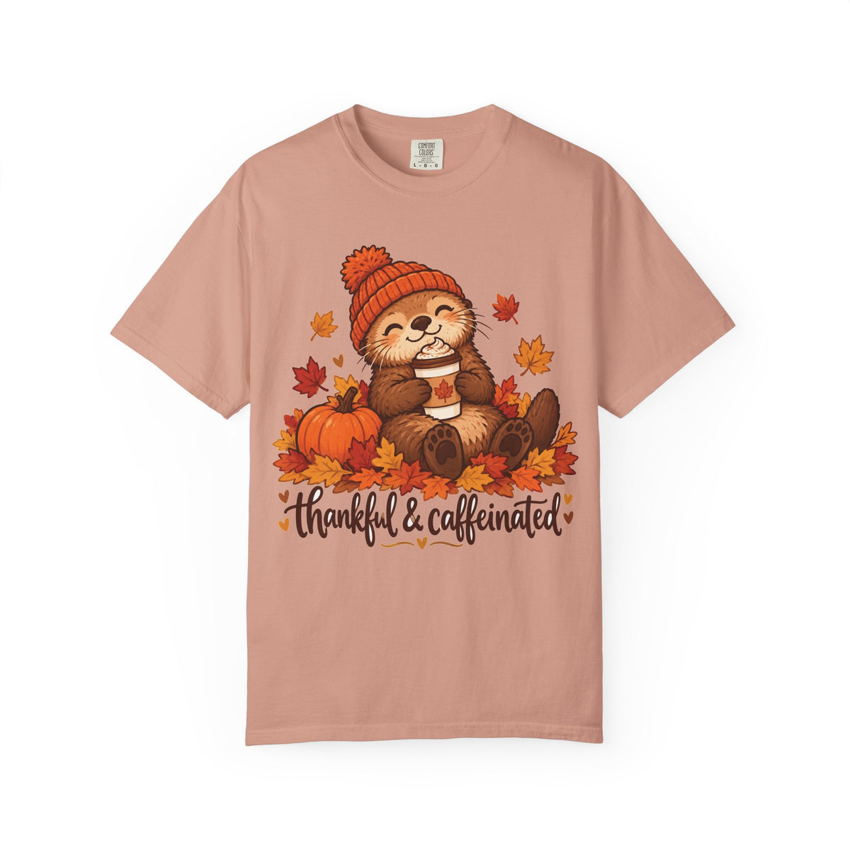 Thankful And Caffeinated otter Thanksgiving design on a peachy women's shirt
