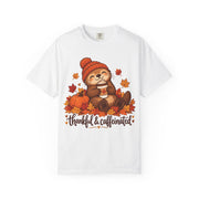 Thankful And Caffeinated otter Thanksgiving design on a white women's shirt