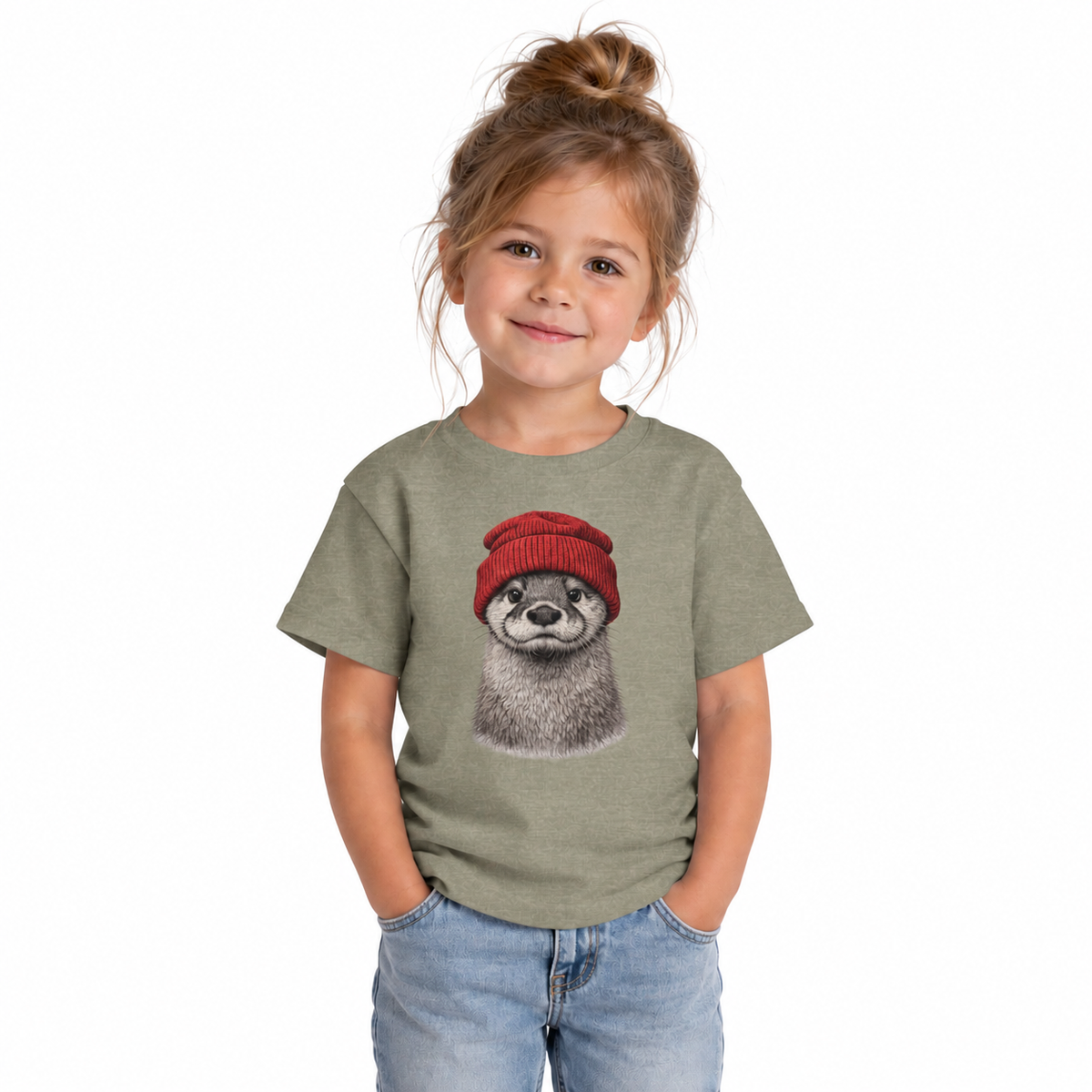 Hand-drawn otter in a red knitted beanie, printed on a toddler shirt