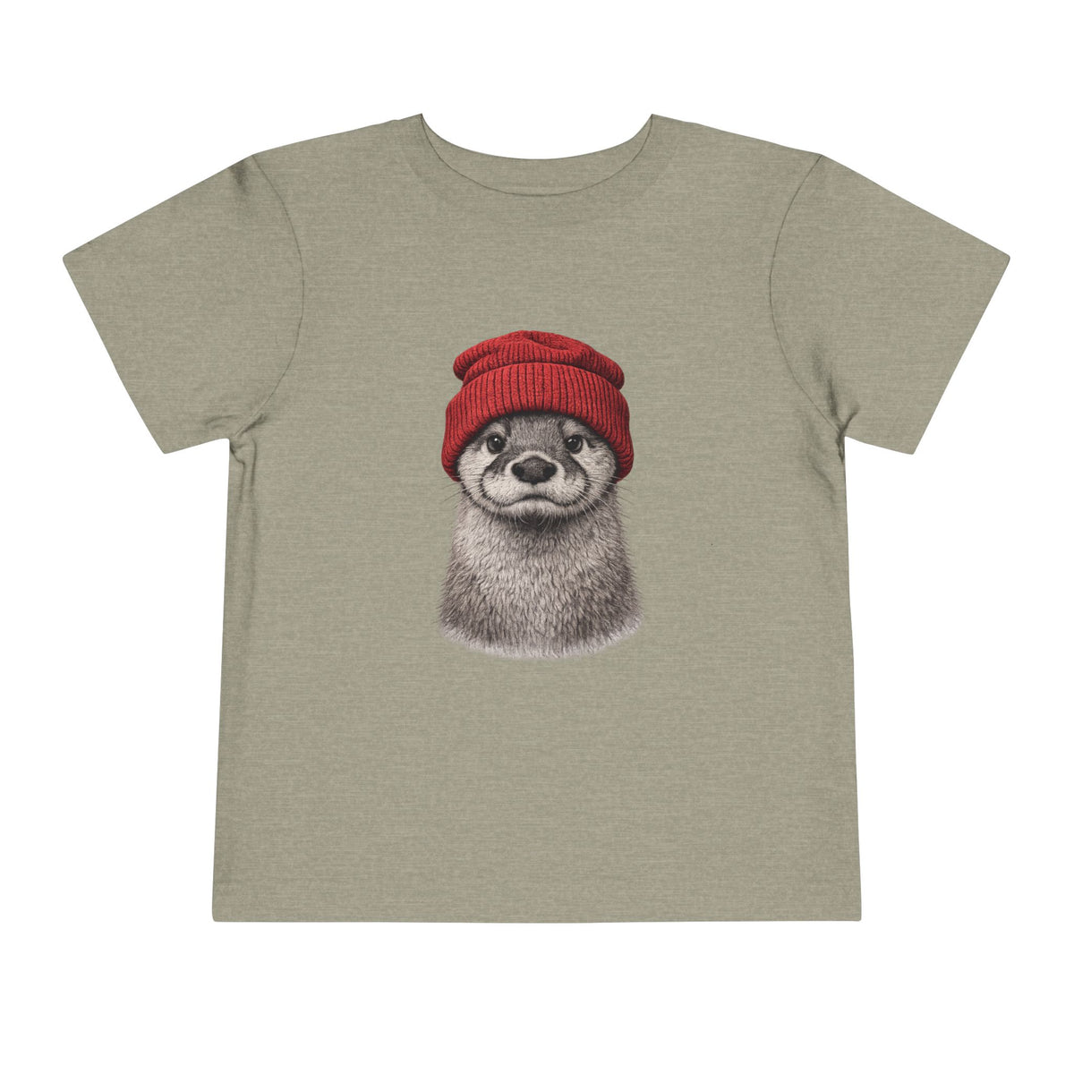 Hand-drawn otter in a red knitted beanie, printed on a heather stone toddler shirt