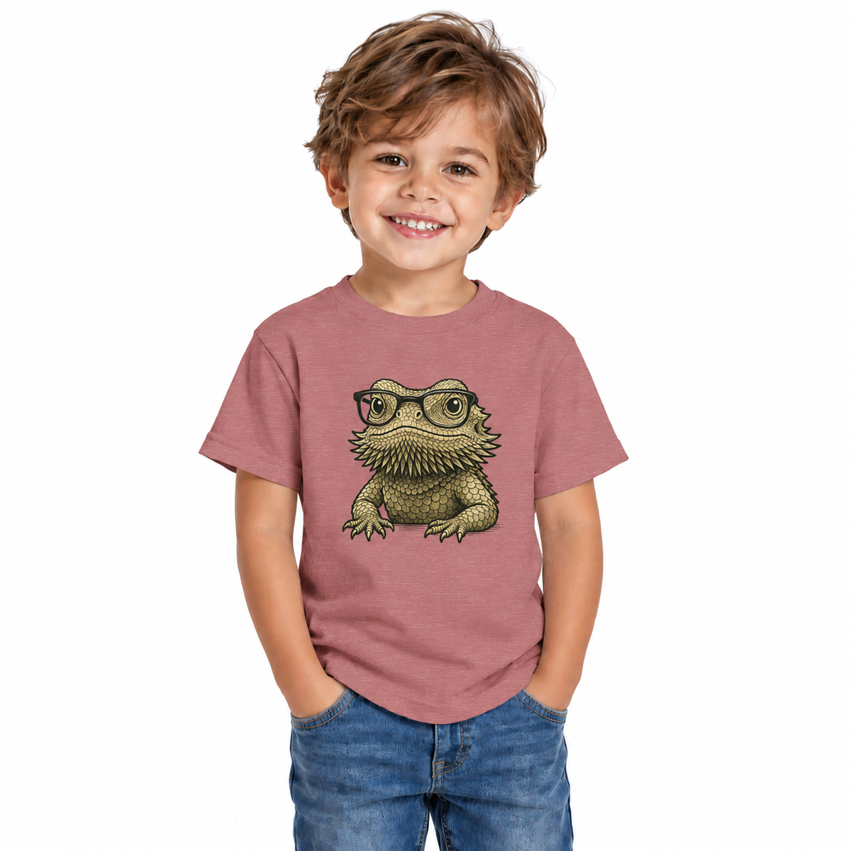 Bearded dragon in glasses, printed on a toddler shirt